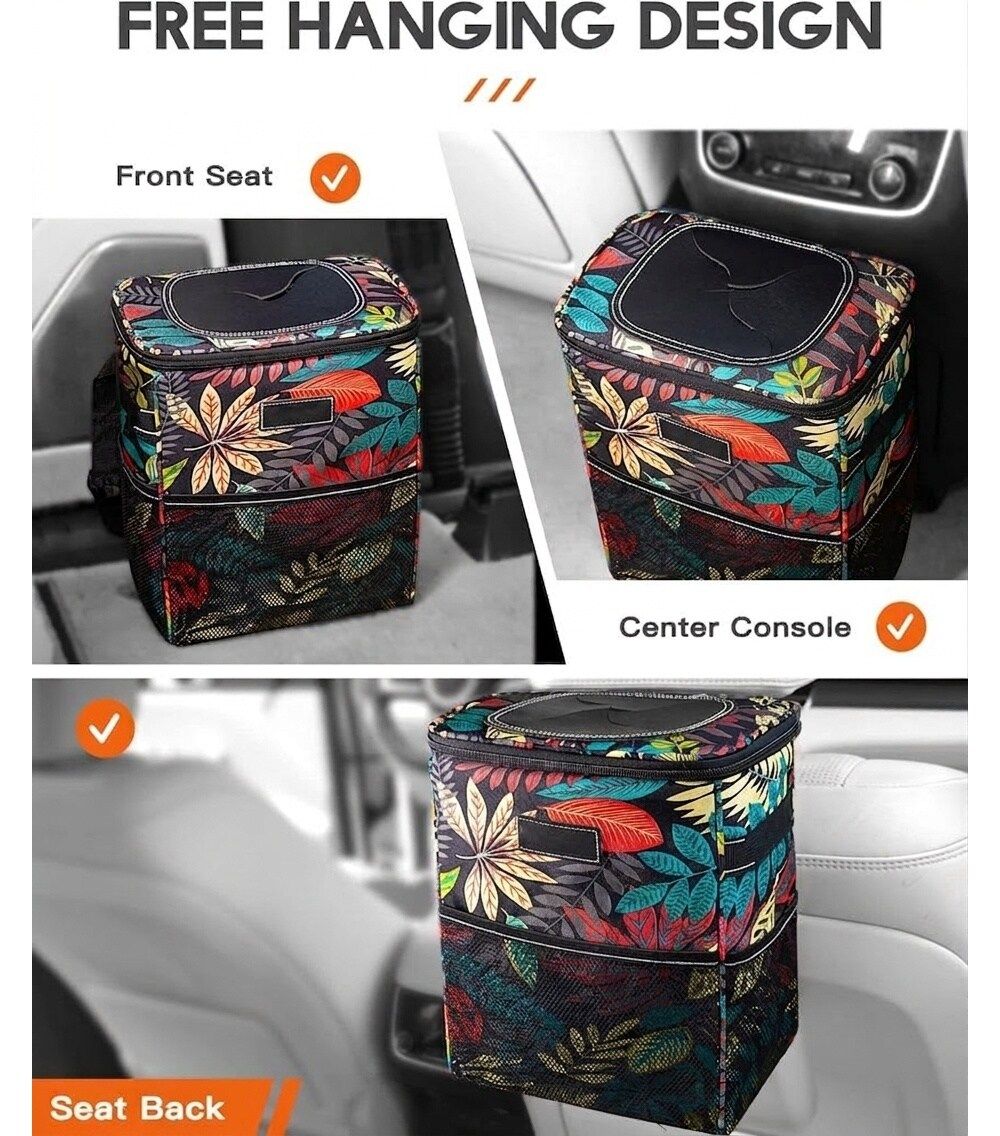 Car Trash Can with Lid Leak Proof Organizer 2 Gallon Autumn Leaves