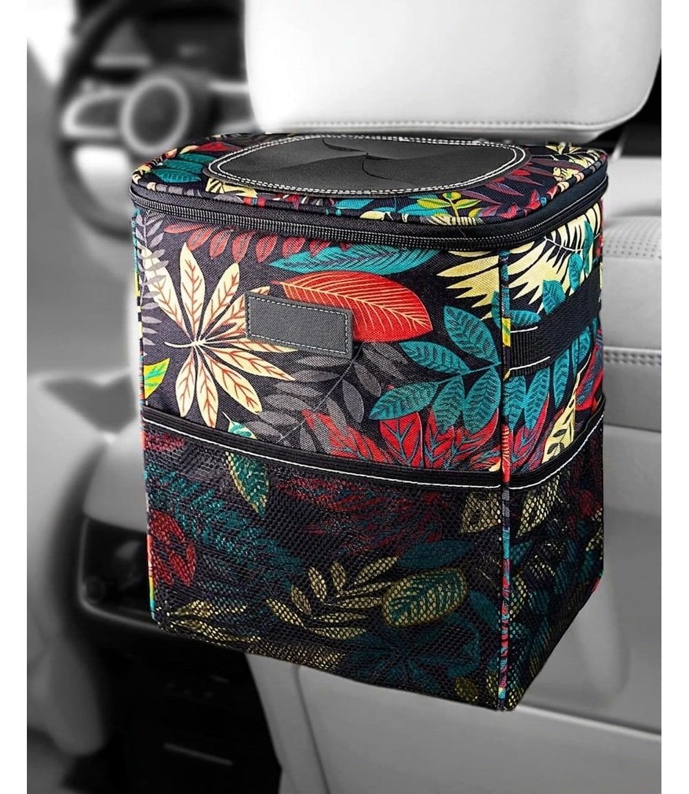 Car Trash Can with Lid Leak Proof Organizer 2 Gallon Autumn Leaves