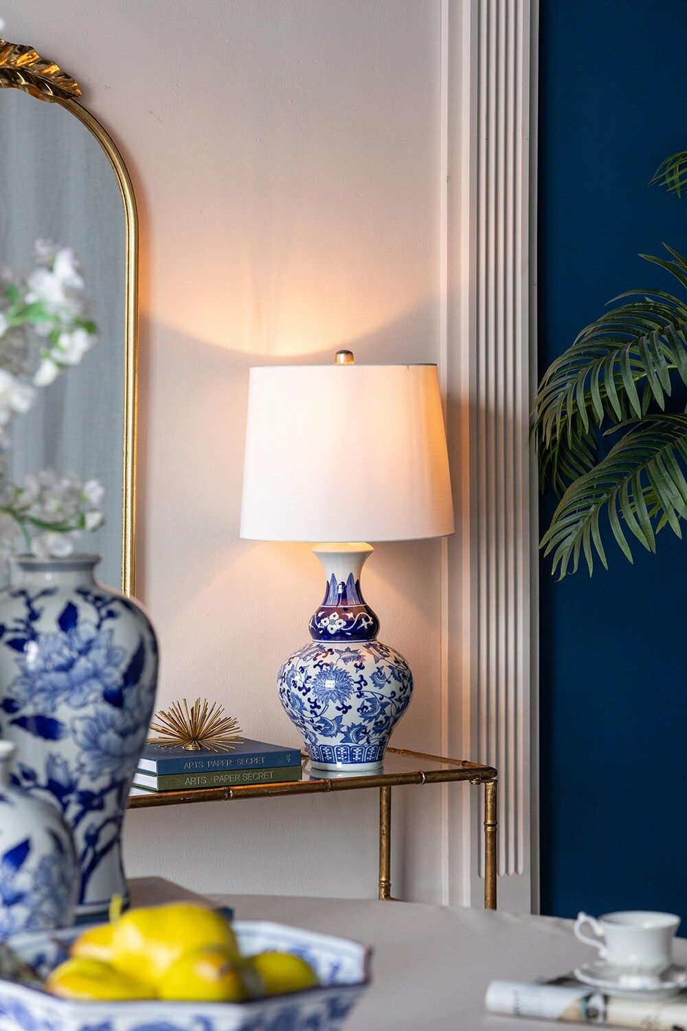 Blue and White Ceramic Vase Table Lamp with White Linen Shade