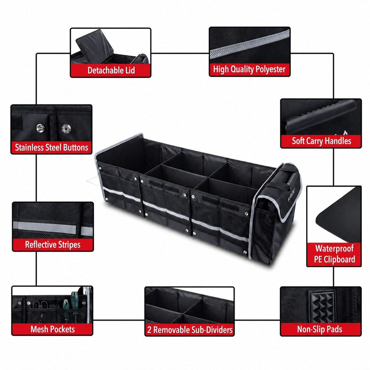 Waterproof Car Trunk Organizer with Insulated Cooler Bag Black