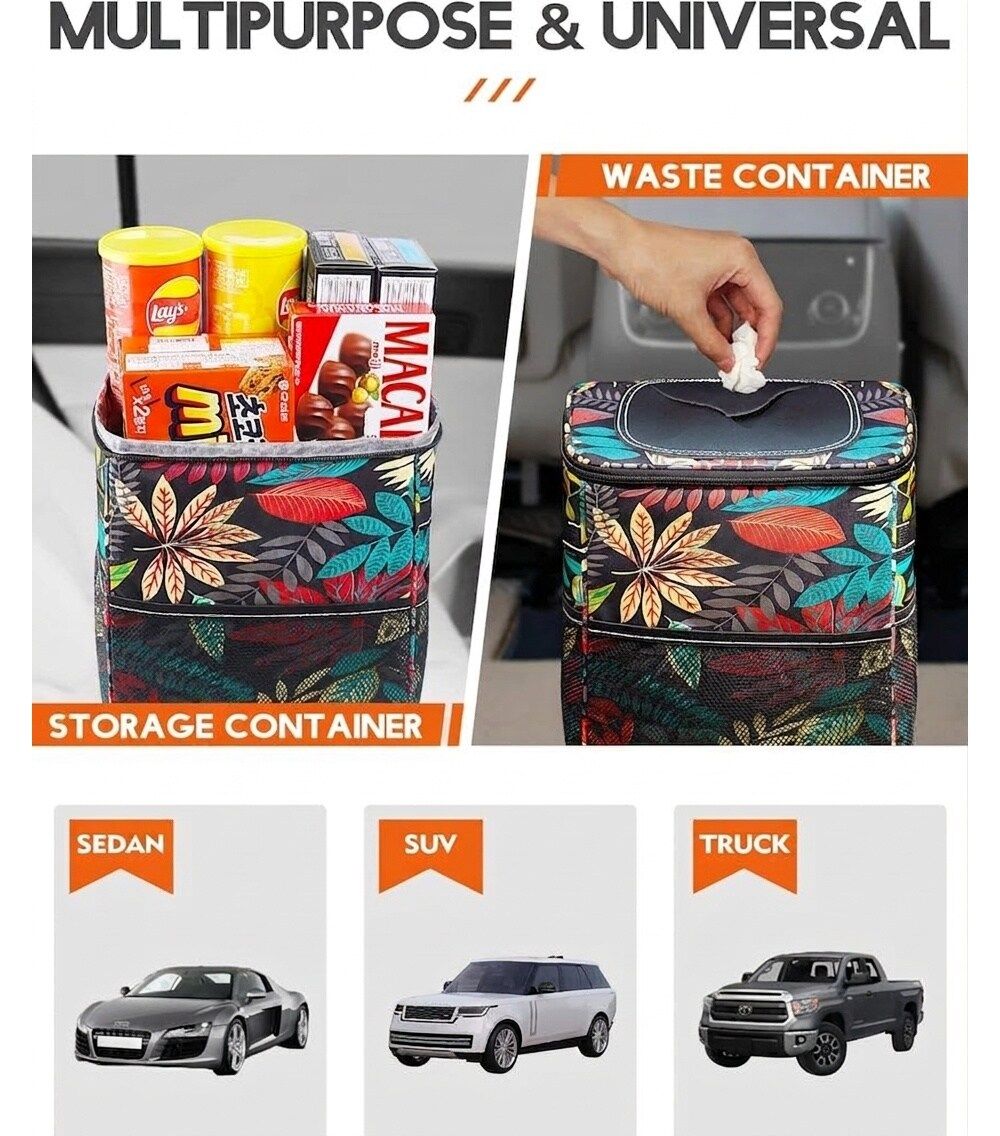Car Trash Can with Lid Leak Proof Organizer 2 Gallon Autumn Leaves