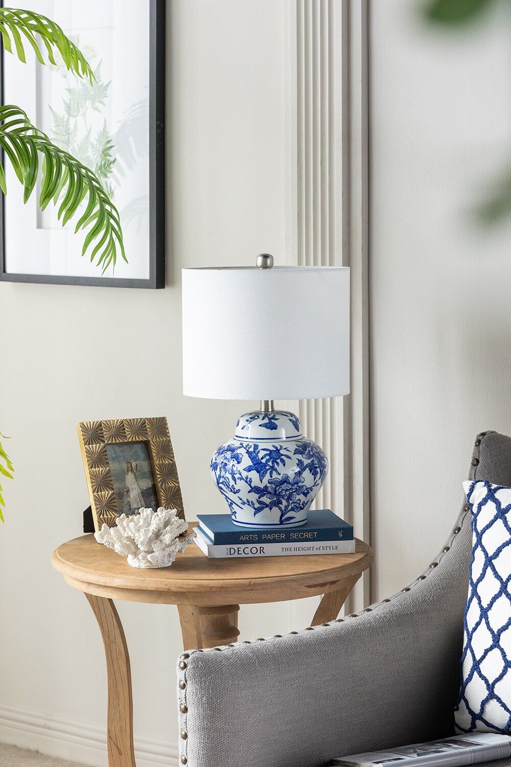 Blue and White Ceramic Vase Table Lamp with White Linen Shade