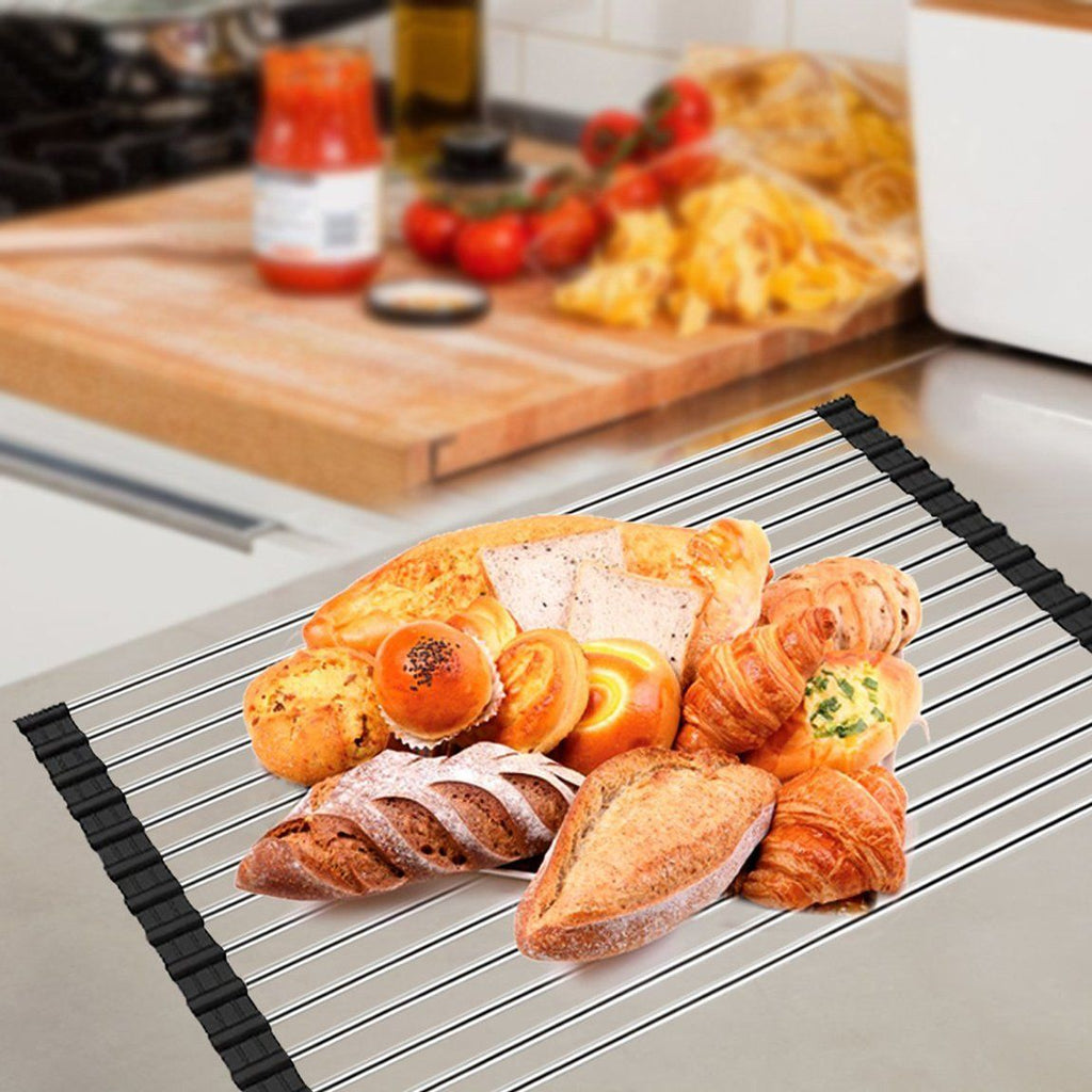 Roll Up Stainless Steel Over Sink Dish Drying Rack with Non-Slip Grips