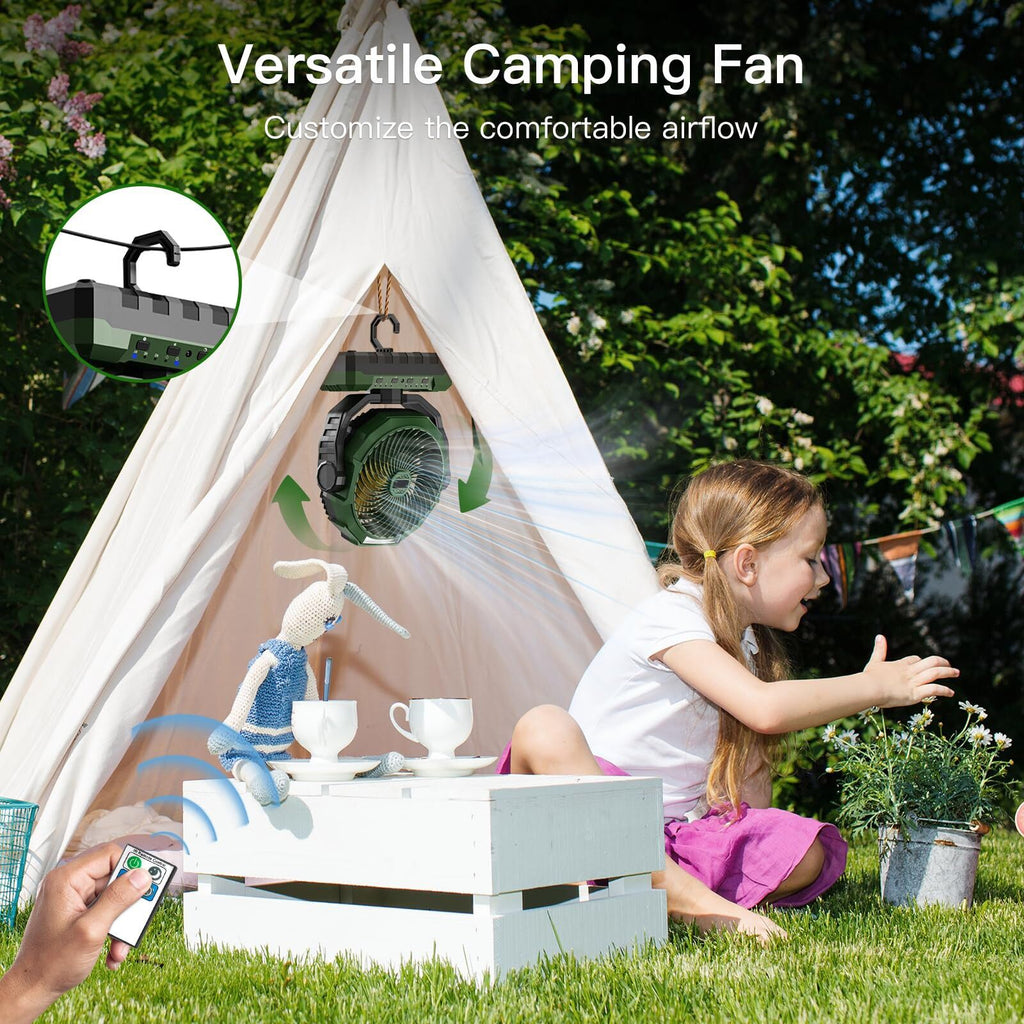 3-in-1 Portable Rechargeable Camping Fan with LED Light and Remote Green
