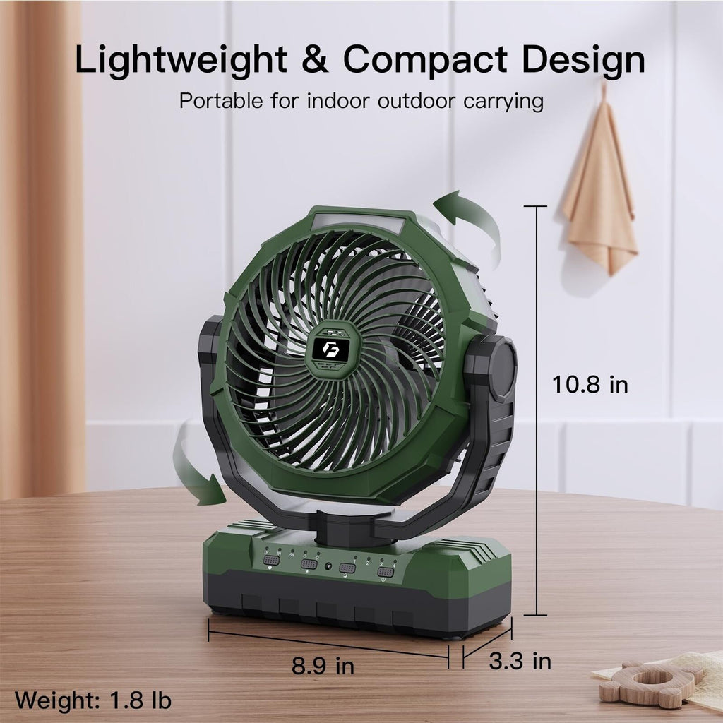 Green 3-Feature Camping Fan with Rechargeable Battery Light and Remote
