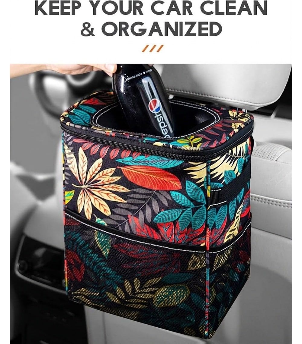 Car Trash Can with Lid Leak Proof Organizer 2 Gallon Autumn Leaves
