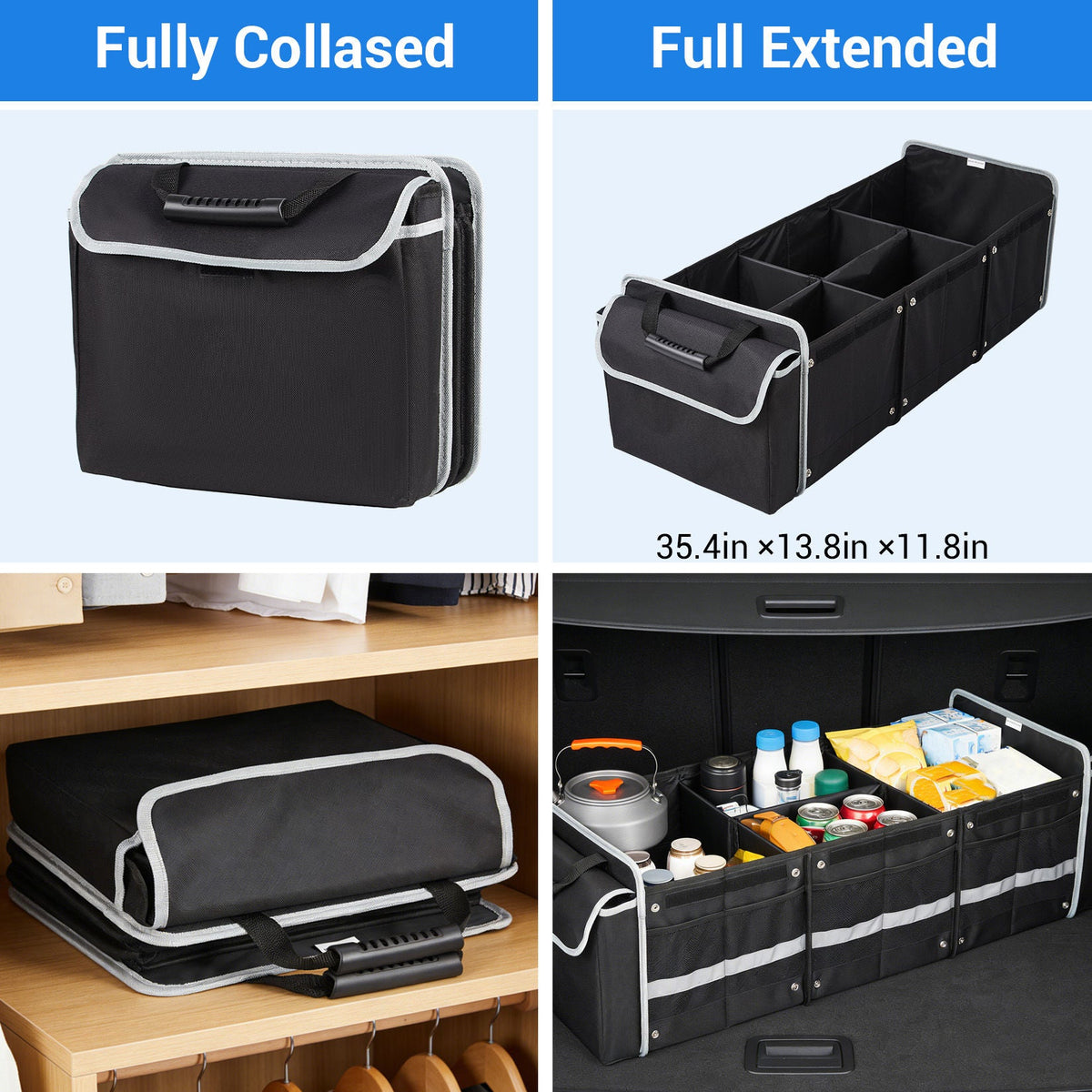 Collapsible Car Trunk Organizer with Removable Dividers and Ice Pack