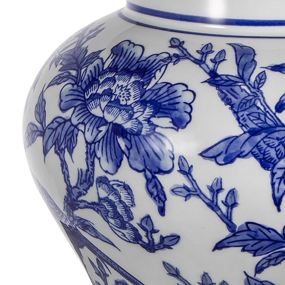 Blue and White Ceramic Vase Table Lamp with White Linen Shade