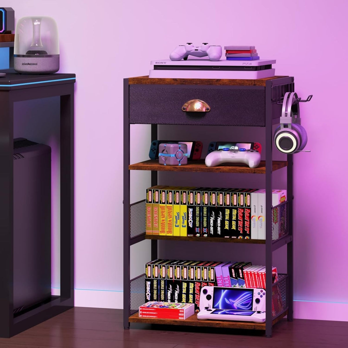 4-Tier Media Storage Tower with Drawer, Console Stand for PS5/Xbox/Switch