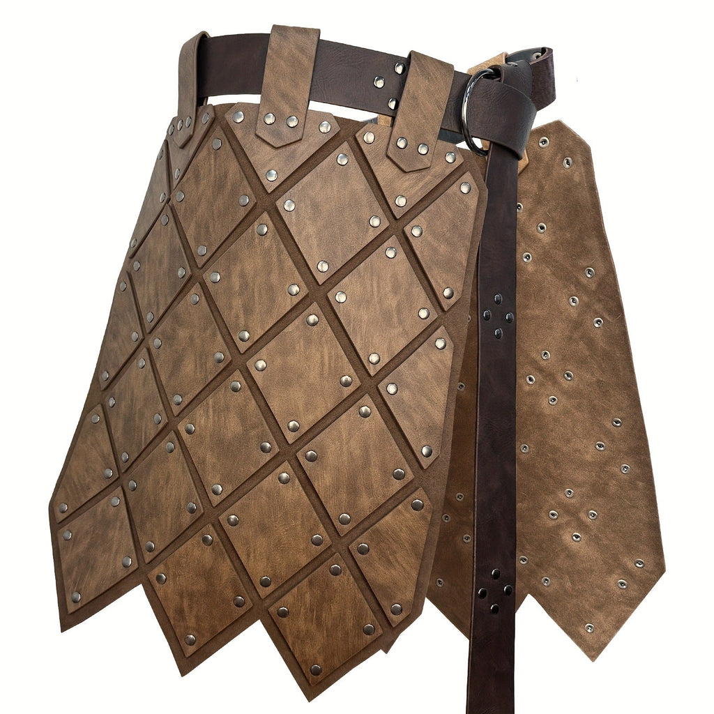 Medieval Armor Skirt Faux Leather with Geometric Plates & Metal Studs, Viking BC Style Retro Cosplay Costume for Halloween — 